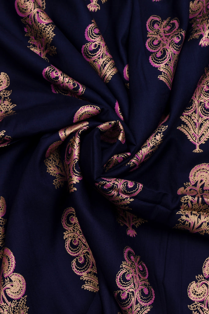 Navy Blue Golden Print Rayon Fabric
