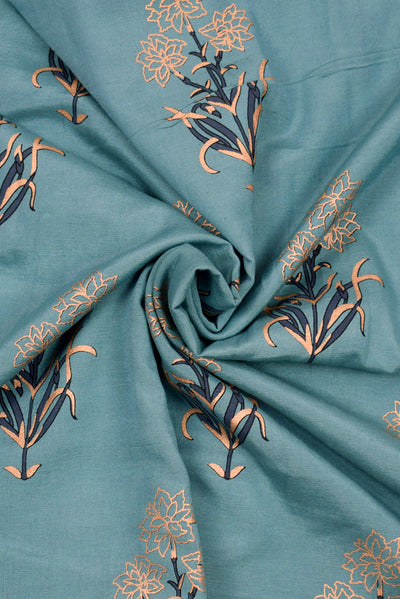 Teal Blue Floral Print Cotton Fabric