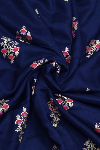 Blue Floral Hand Block Printed Rayon Fabric