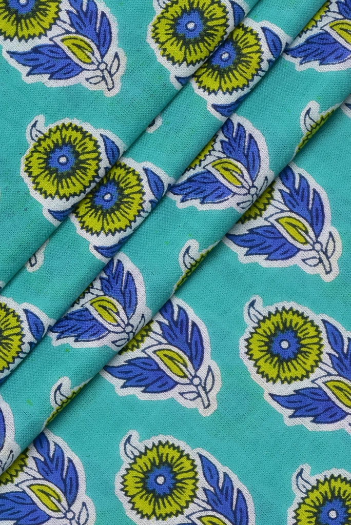 Sky Blue Flower Print Cotton Fabric