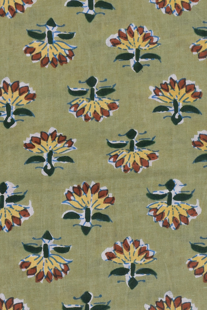 (Cut Piece 0.50 Mtr) Green Flower Print Cotton Fabric