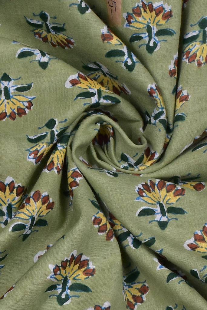 (Cut Piece 0.50 Mtr) Green Flower Print Cotton Fabric