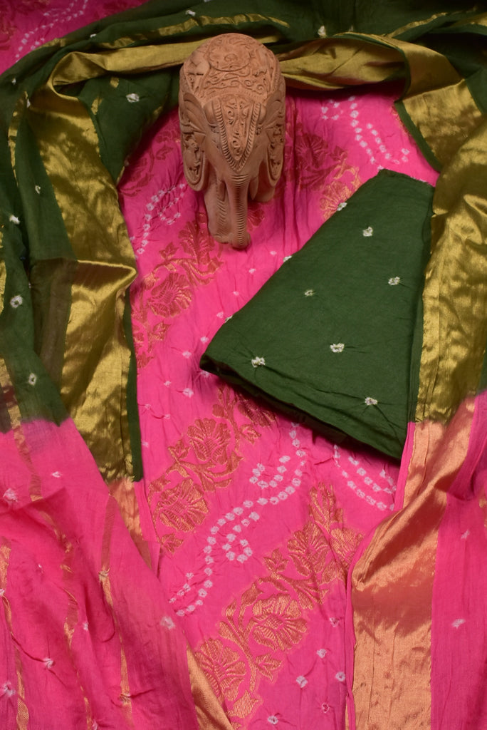 Pink Bandhej Print Cotton Unstitched Suit Set with Cotton Dupatta