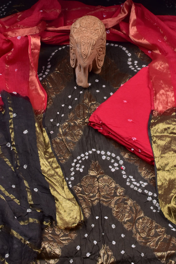 Dark Brown  Bandhej Print Cotton Unstitched Suit Set with Cotton Dupatta