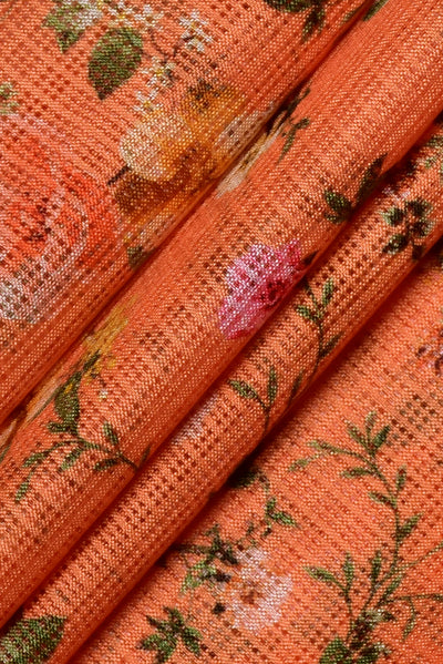Orange Flower Digital Print Kota Doria Fabric
