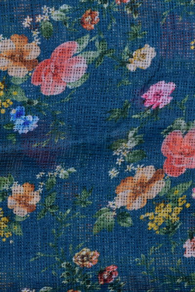 Blue Flower Digital Print Kota Doria Fabric
