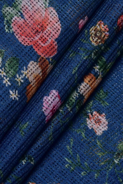 Blue Flower Digital Print Kota Doria Fabric