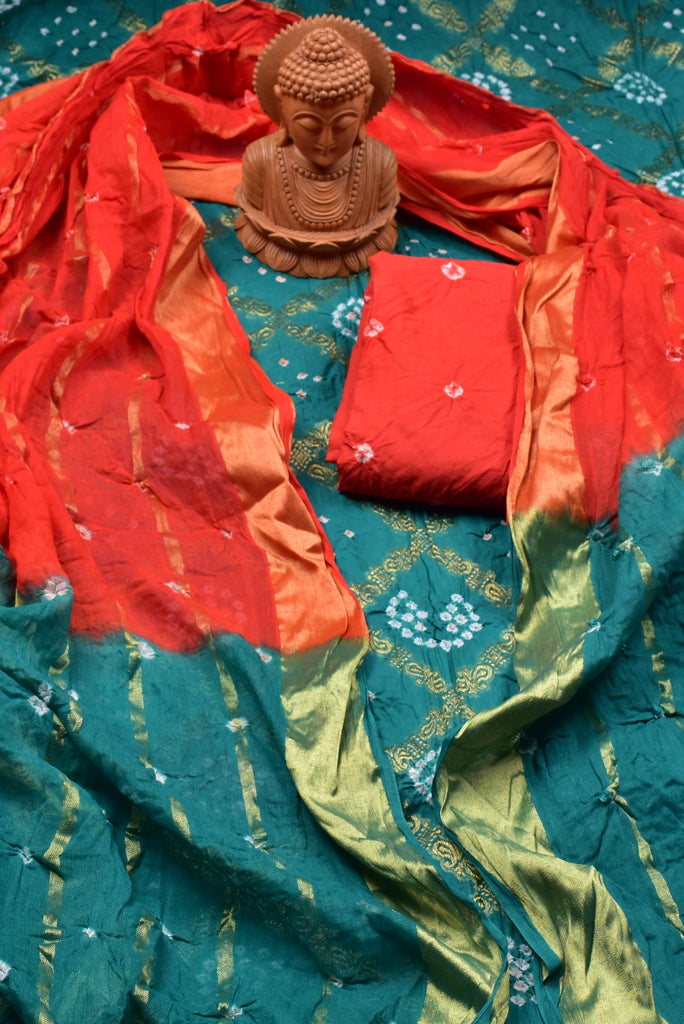 Green Bandhej Print Cotton Unstitched Suit Set with Cotton Dupatta