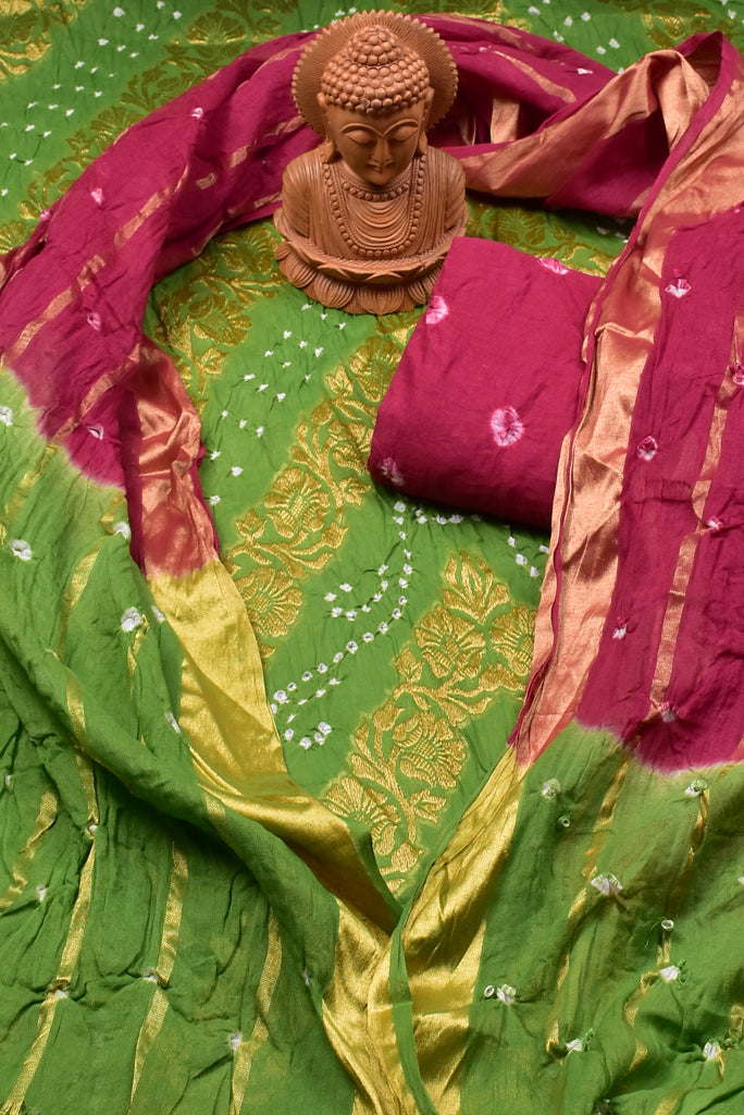 Green Bandhej Print Cotton Unstitched Suit Set with Cotton Dupatta