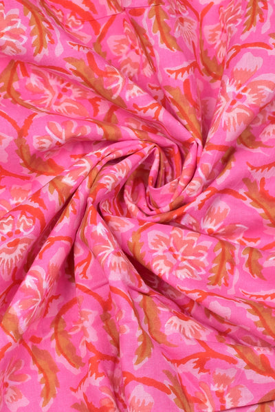 (Cut Piece 0.40 Mtr) Pink Flower Print Cotton Fabric