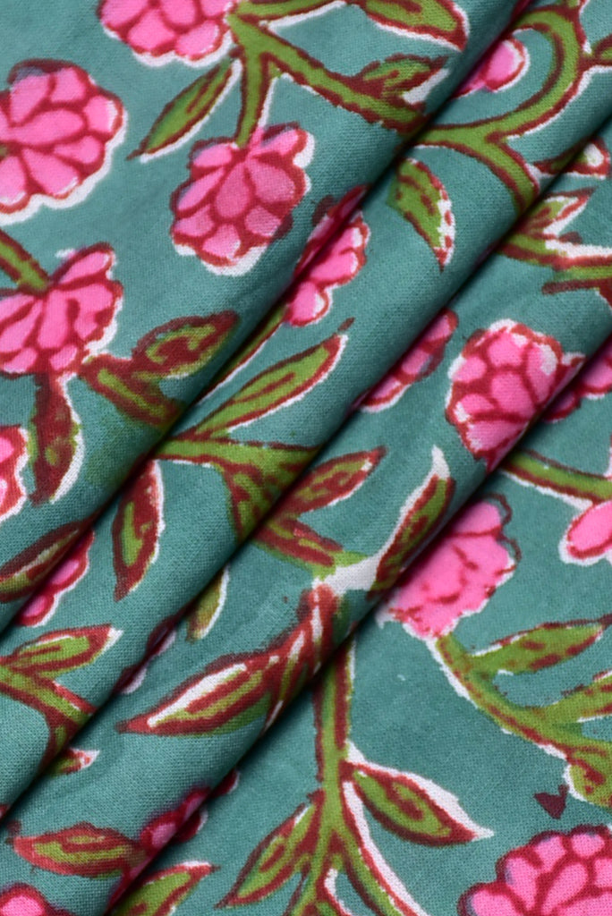 (Cut Piece 0.60 Mtr) Sea Green Flower Print Cotton Fabric