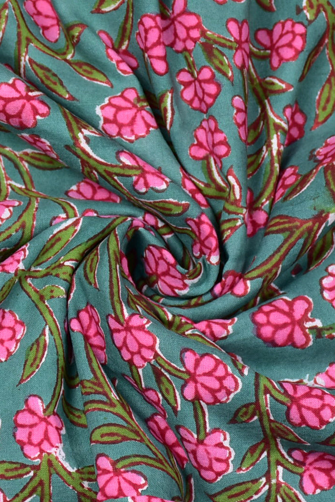 (Cut Piece 0.60 Mtr) Sea Green Flower Print Cotton Fabric