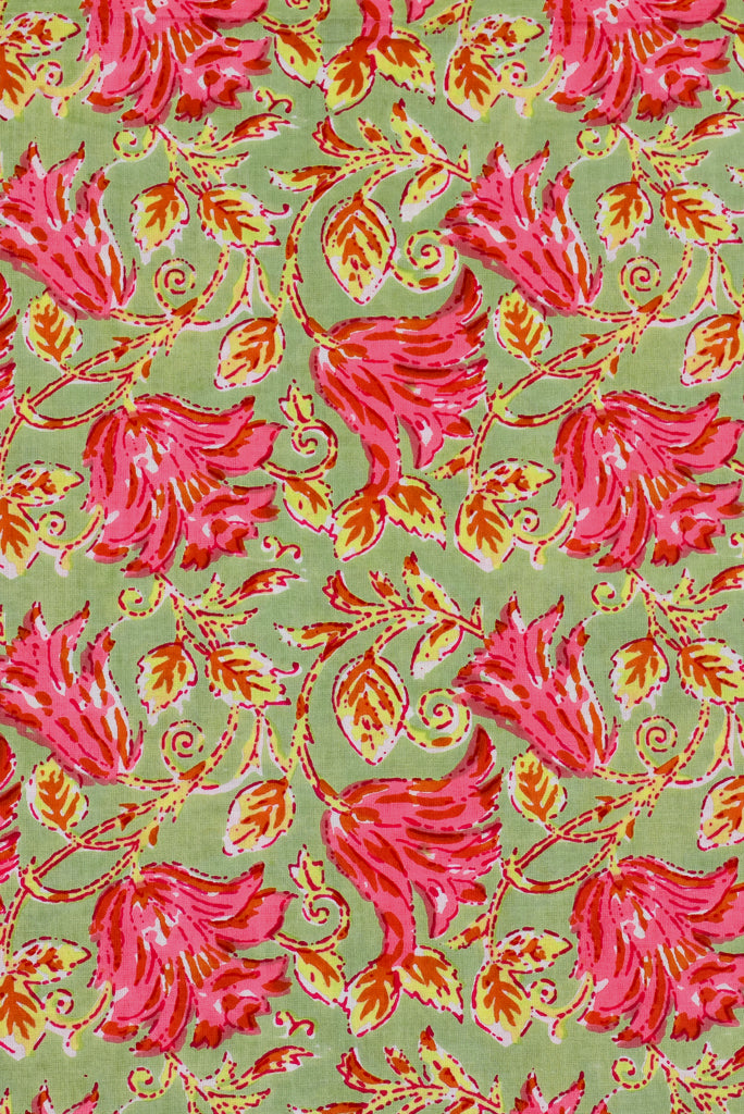 Green Flower Cambric Print Cotton Fabric