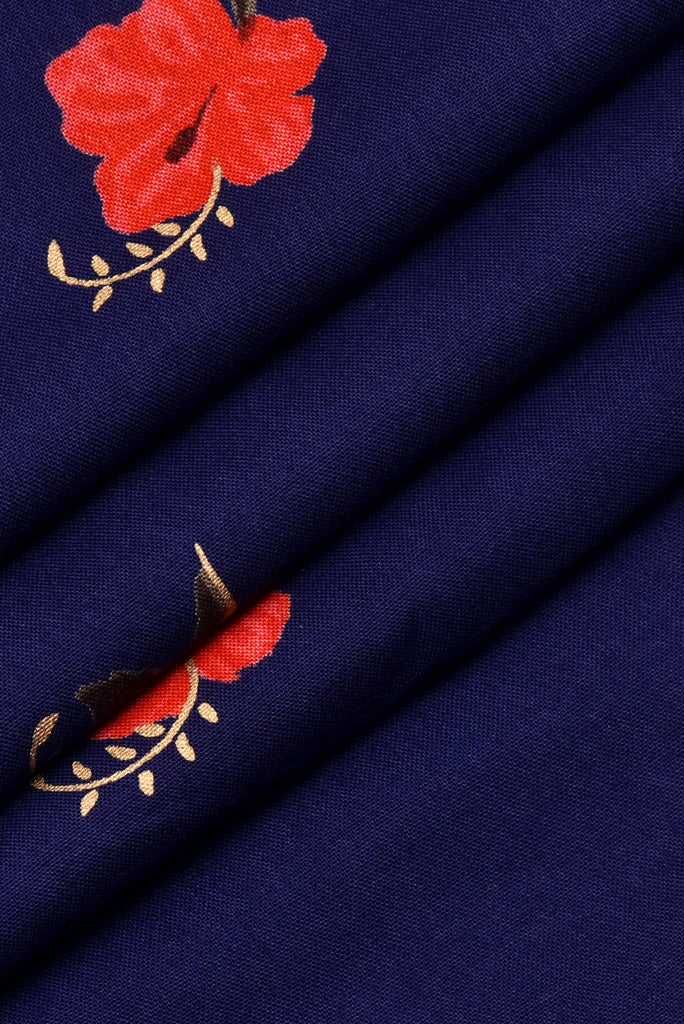 Navy Blue Flower Print Rayon Fabric