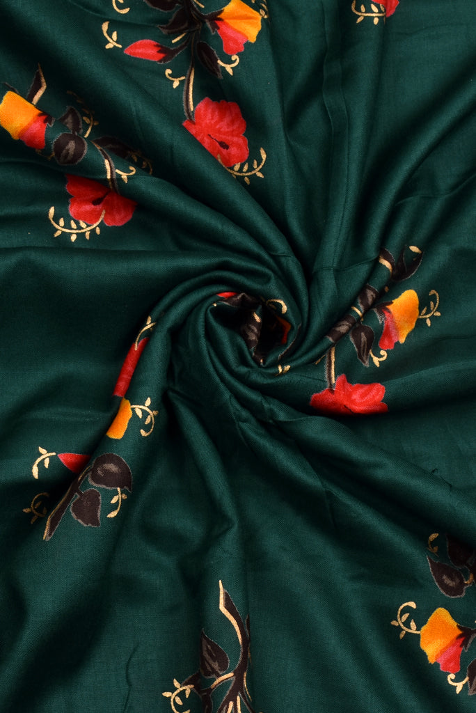 Dark Green Flower Print Rayon Fabric