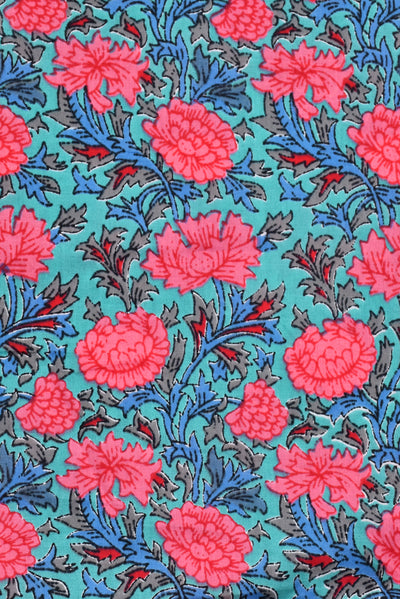 Sky Blue & Pink Flower Print Cotton Fabric
