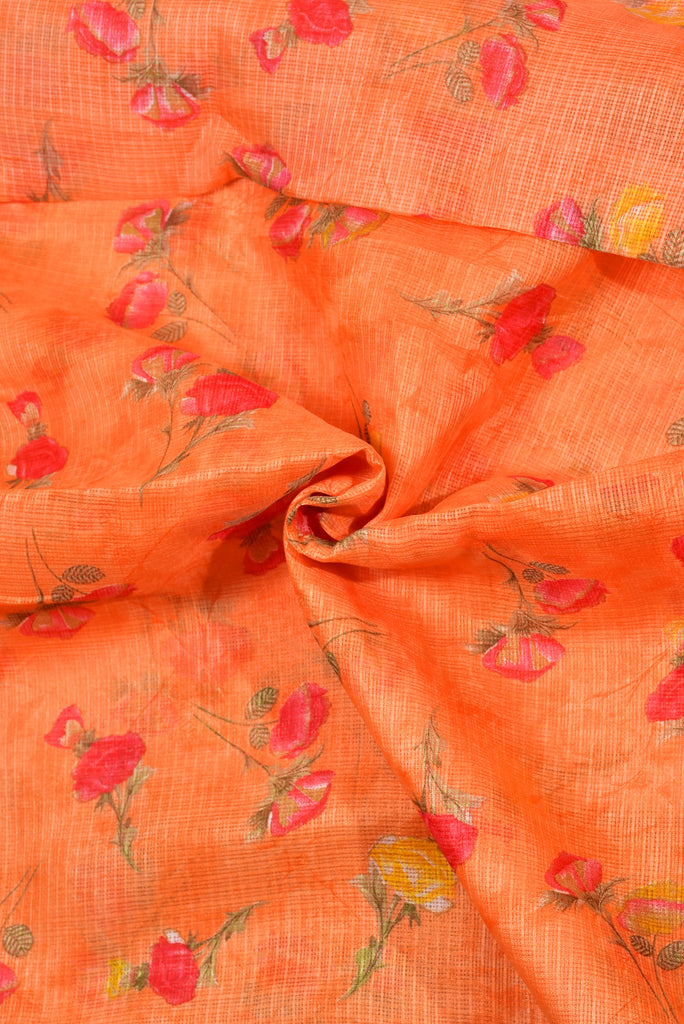Orange Flower Print Kota Doria Fabric