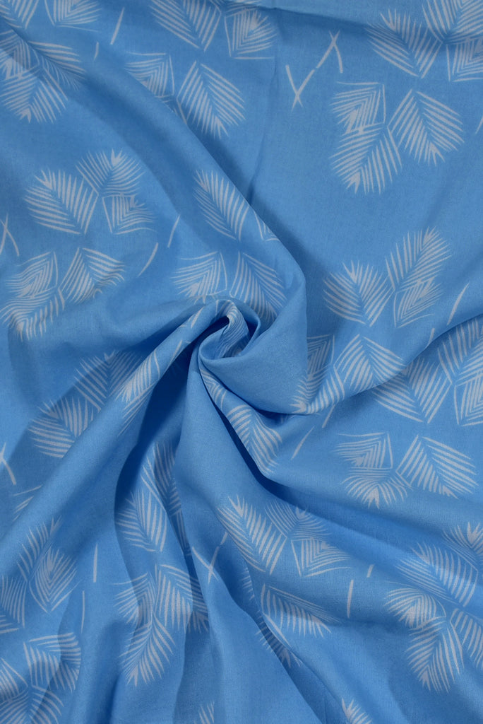 Sky Blue Leaf Print Rayon Fabric