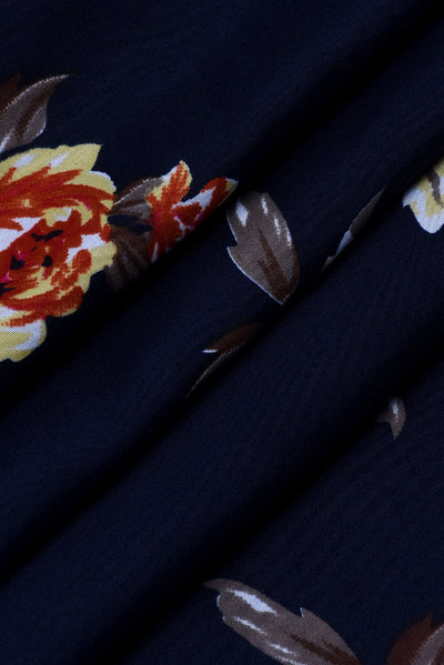 Navy Blue Flower Rayon Creap Fabric