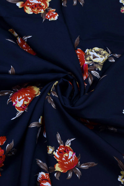 Navy Blue Flower Rayon Creap Fabric