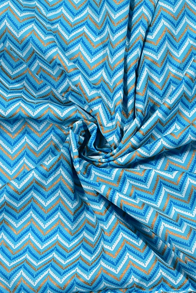 Sky Blue Gold Zig Zag Print Cotton Fabric