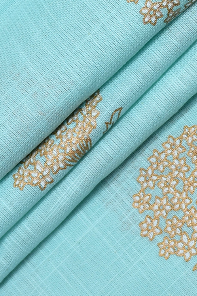 Sky Blue Gold Flower Print Cotton Fabric