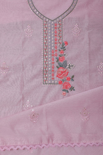 Pink Flower Embroidery Chanderi Unstitched Suit Set with Dupatta
