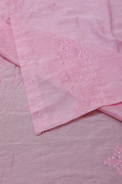 Pink Flower Embroidery Chanderi Unstitched Suit Set with Dupatta