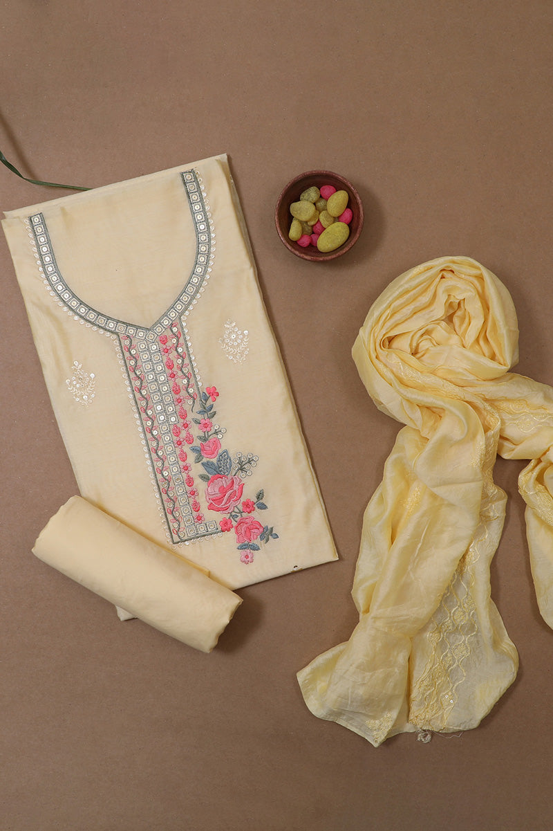 Yellow Flower Embroidery Chanderi Unstitched Suit Set with Dupatta