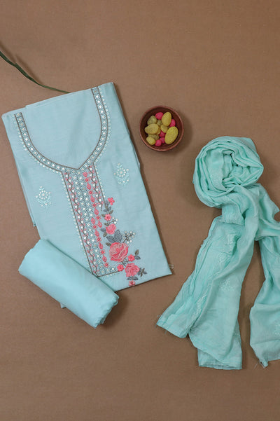 Sky Blue Flower Embroidery Chanderi Unstitched Suit Set with Dupatta