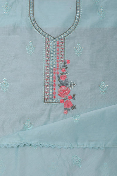 Sky Blue Flower Embroidery Chanderi Unstitched Suit Set with Dupatta