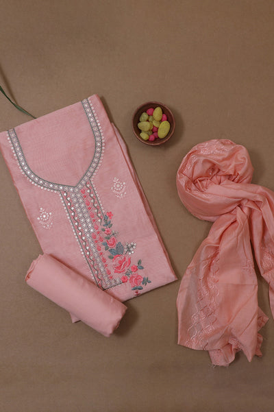 Peach Flower Embroidery Chanderi Unstitched Suit Set with Dupatta