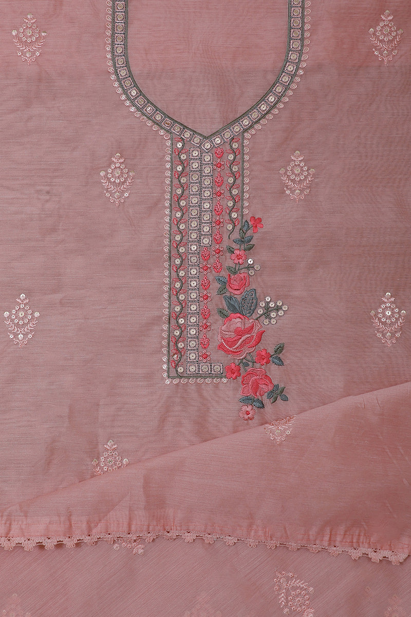Peach Flower Embroidery Chanderi Unstitched Suit Set with Dupatta