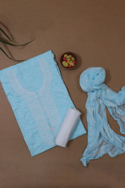 Sky Blue Heavy Work Rayon Unstitched Suit Set with Dupatta