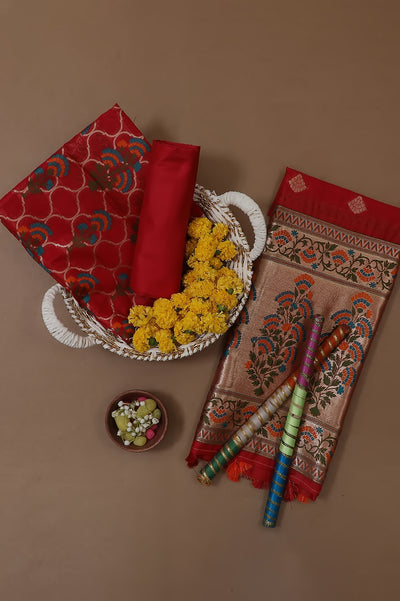 Red Floral Banarasi Silk Unstitched Suit Set with Dupatta