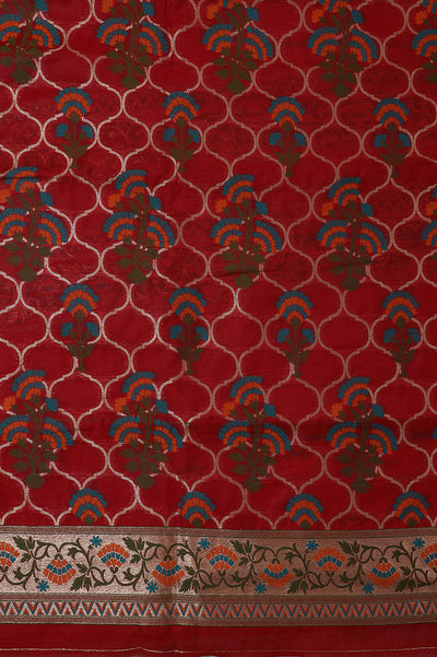 Red Floral Banarasi Silk Unstitched Suit Set with Dupatta