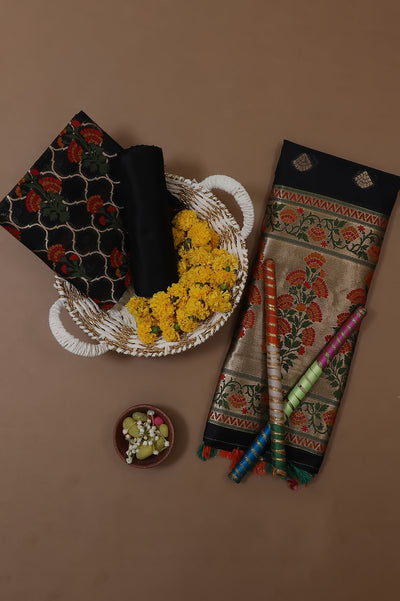 Black Floral Banarasi Silk Unstitched Suit Set with Dupatta