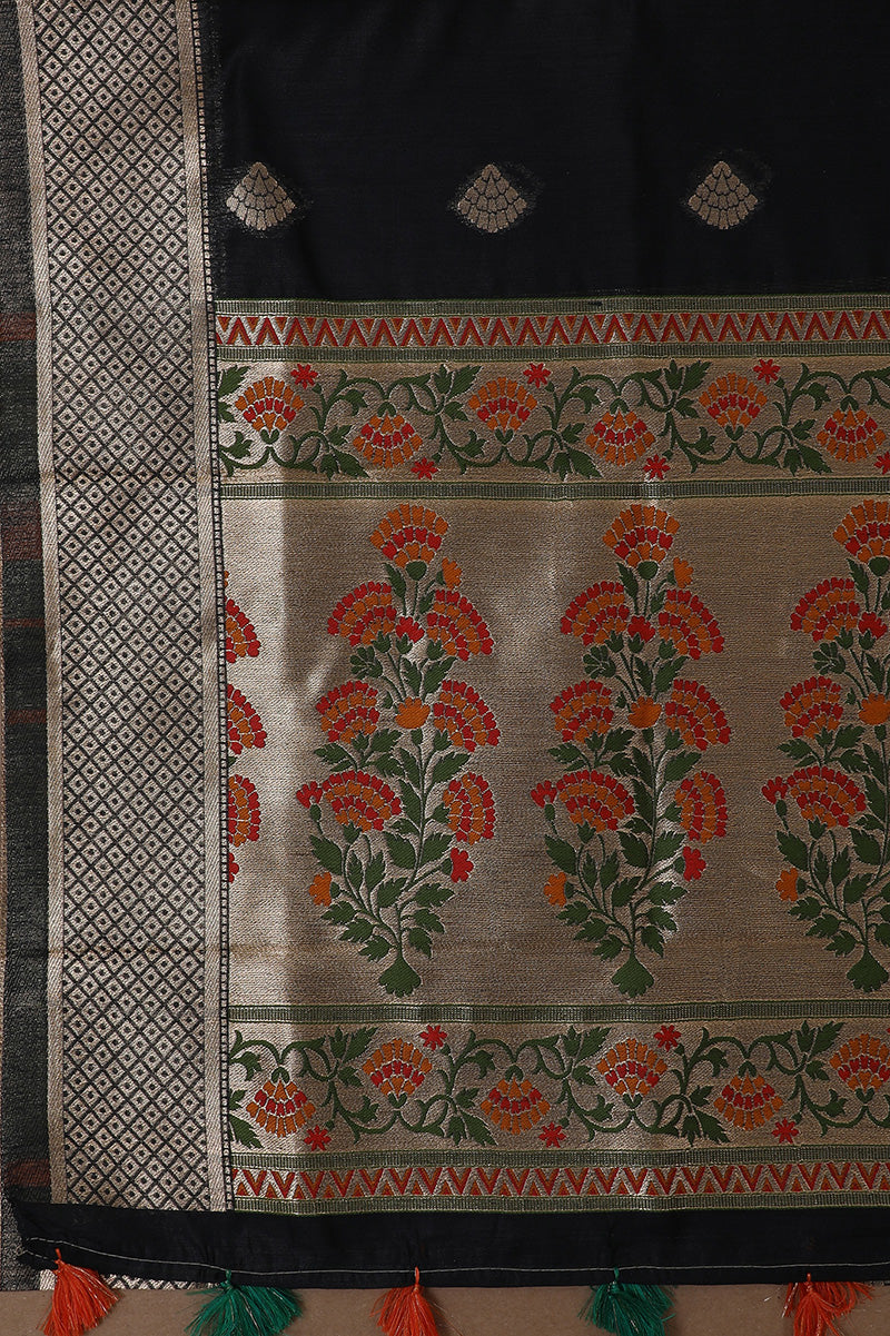 Black Floral Banarasi Silk Unstitched Suit Set with Dupatta
