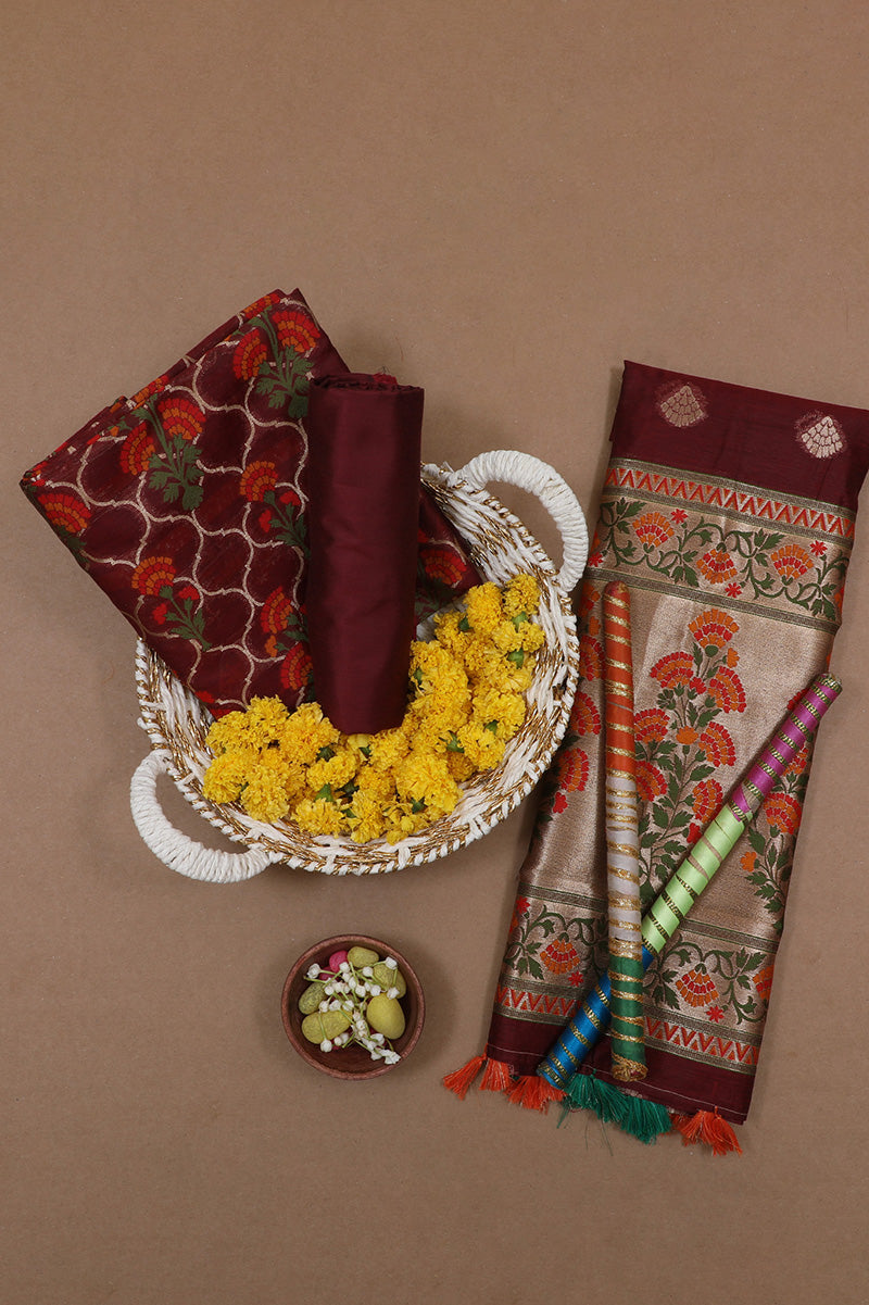 Maroon Floral Banarasi Silk Unstitched Suit Set with Dupatta