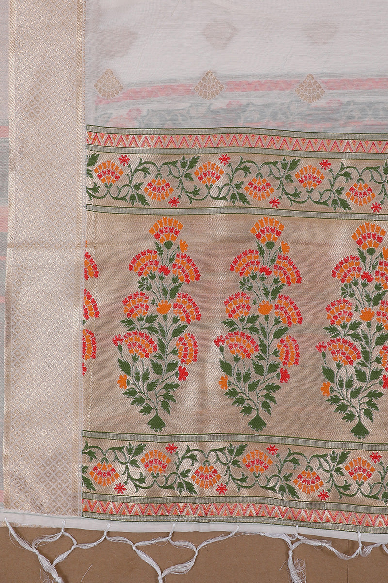 White Floral Banarasi Silk Unstitched Suit Set with Dupatta