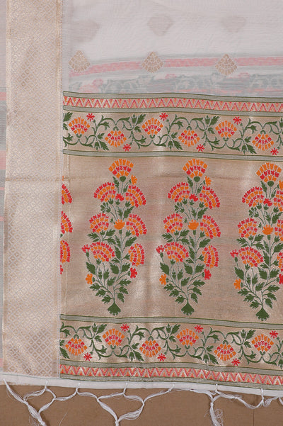 White Floral Banarasi Silk Unstitched Suit Set with Dupatta