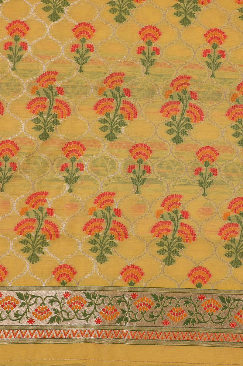 Yellow Floral Banarasi Silk Unstitched Suit Set with Dupatta