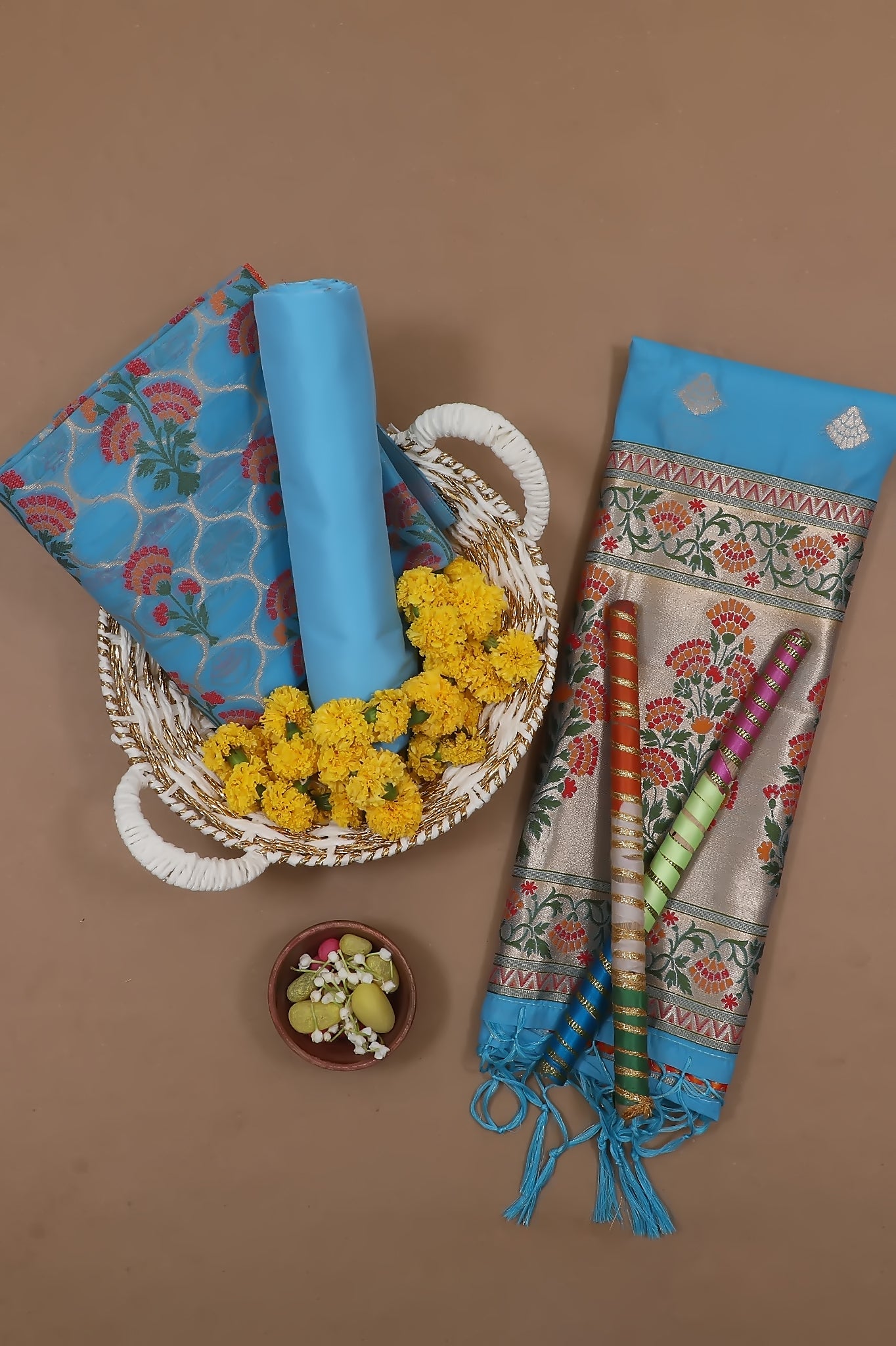Blue Floral Banarasi Silk Unstitched Suit Set with Dupatta