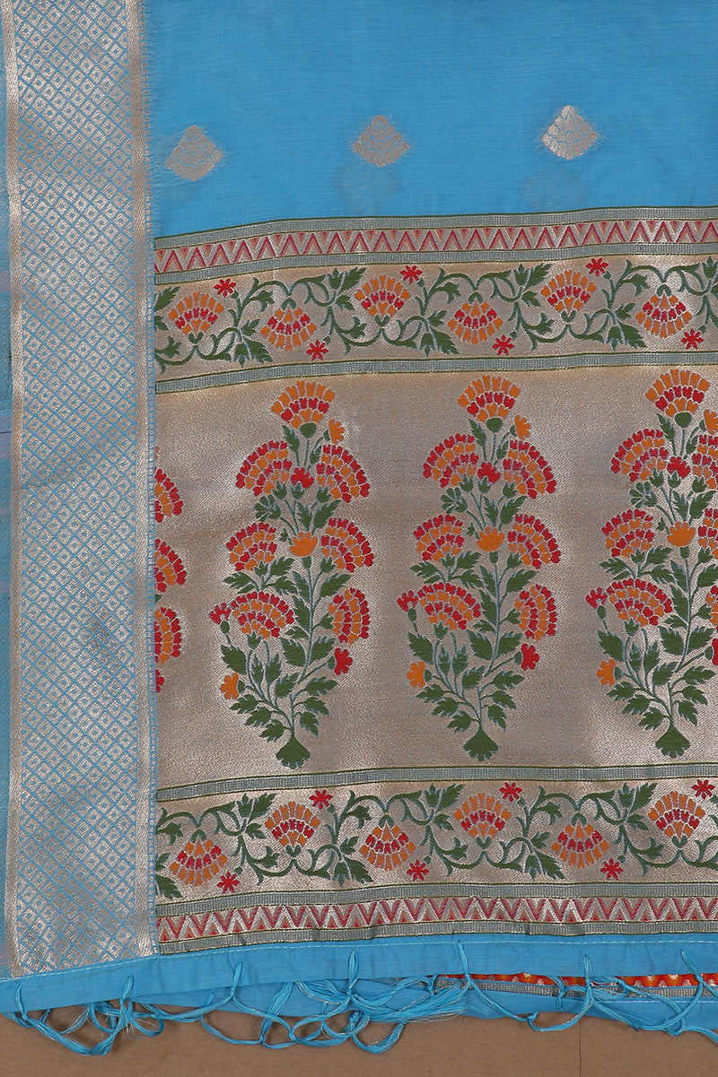 Blue Floral Banarasi Silk Unstitched Suit Set with Dupatta