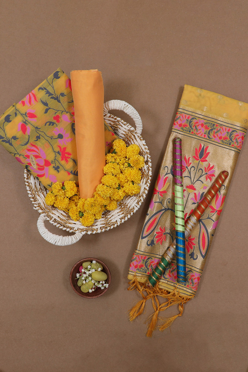 Yellow Banarasi Silk Unstitched Suit Set with Dupatta
