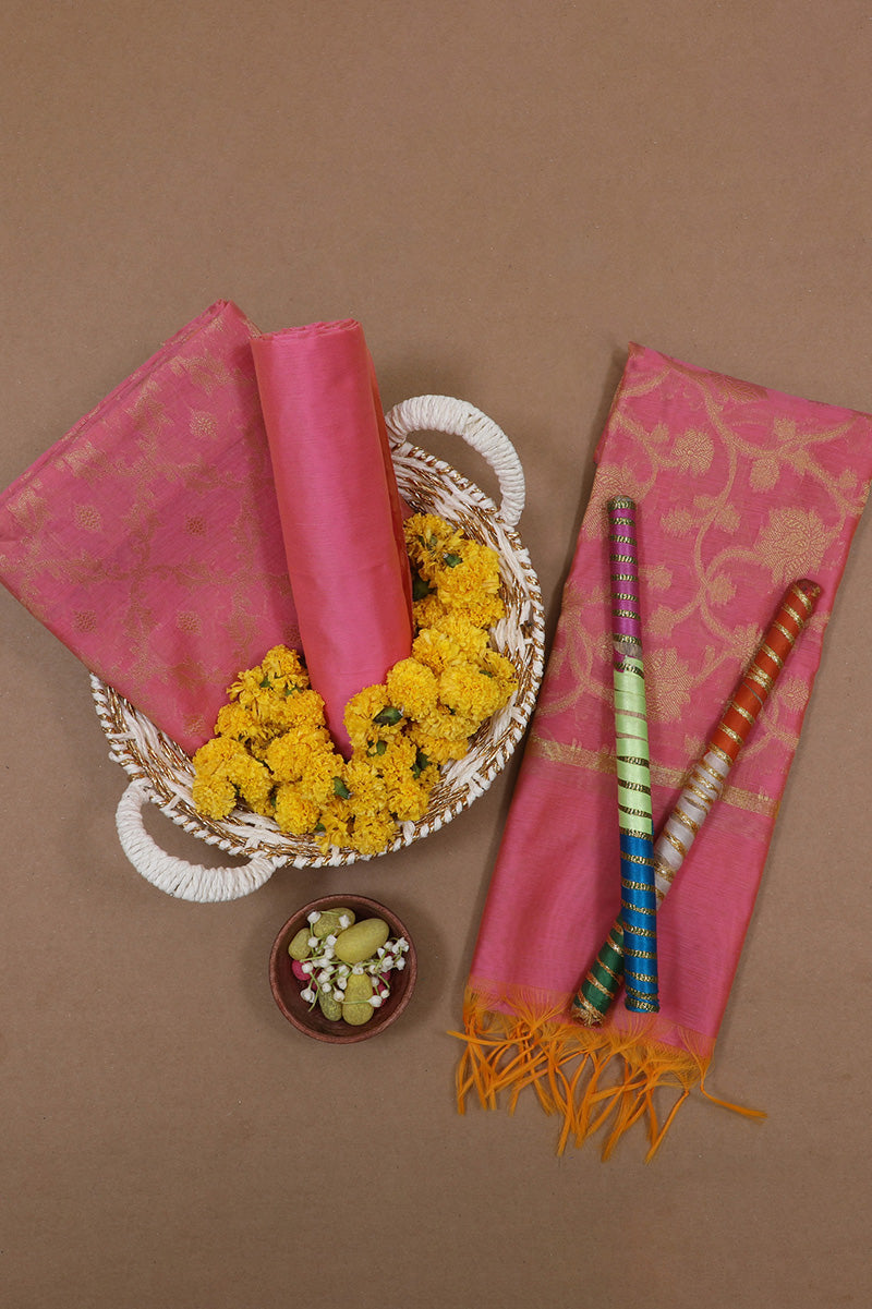 Pink Banarasi Silk Unstitched Suit Set with Dupatta