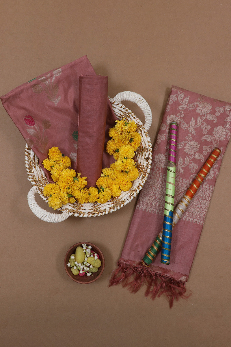 Brown Banarasi Silk Unstitched Suit Set with Dupatta