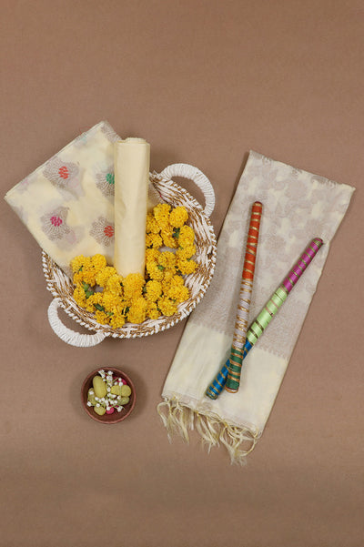 Cream Yellow Floral Banarasi Silk Unstitched Suit Set with Dupatta