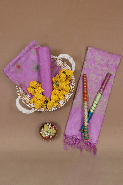 Purple Floral Banarasi Silk Unstitched Suit Set with Dupatta