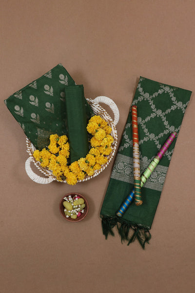 Green Floral Banarasi Silk Unstitched Suit Set with Dupatta